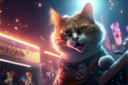 Cats as rock stars playing guitar at concert created with generative AI technology. High quality illustrationの写真素材