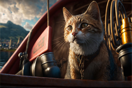 Cat on a fishing boat created with generative AI technology. High quality illustrationの写真素材