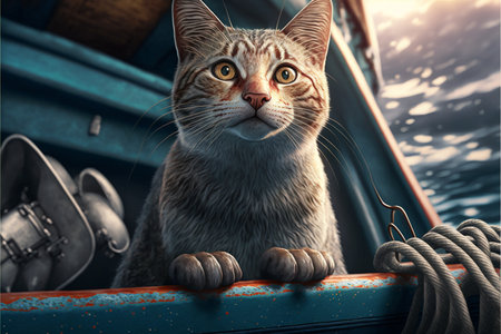 Cat on a fishing boat created with generative AI technology. High quality illustrationの写真素材