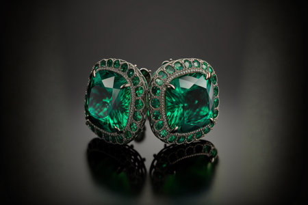Cushion cut emerald and diamond earrings on black background created with generative AI technology. High quality illustrationの写真素材