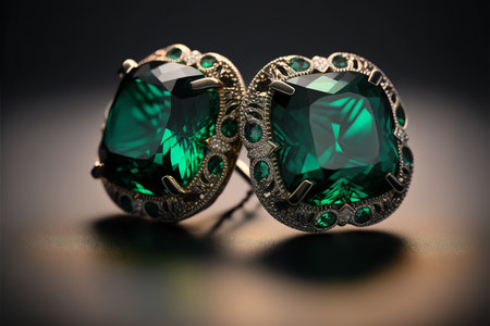 Cushion cut emerald and diamond earrings on black background created with generative AI technology. High quality illustrationの写真素材