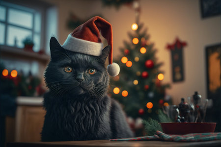 Black cat in Christmas hat amid Christmas background created with generative AI technology. High quality illustrationの写真素材