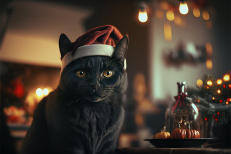 Black cat in Christmas hat amid Christmas background created with generative AI technology. High quality illustrationの写真素材