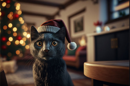 Black cat in Christmas hat amid Christmas background created with generative AI technology. High quality illustrationの写真素材