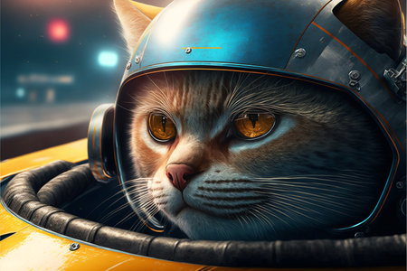 The cat race car driver sits in the car created with generative AI technology. High quality illustrationの写真素材