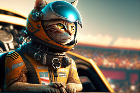 The cat race car driver sits in the car created with generative AI technology. High quality illustrationの写真素材