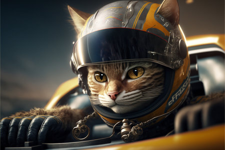 The cat race car driver sits in the car created with generative AI technology. High quality illustrationの写真素材