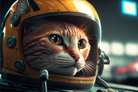 The cat race car driver sits in the car created with generative AI technology. High quality illustrationの写真素材