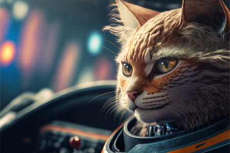 The cat race car driver sits in the car created with generative AI technology. High quality illustrationの写真素材