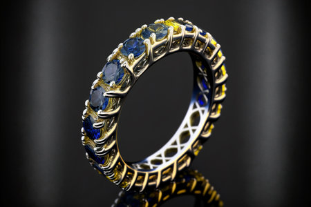 Gold round cut blue sapphire and yellow diamond full eternity ring on black background created with generative AI technology. High quality illustrationの写真素材