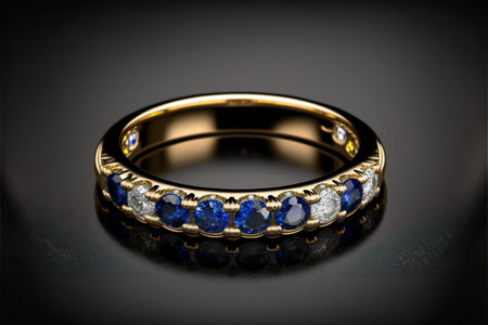 Gold round cut blue sapphire and diamond half eternity ring on black background created with generative AI technology. High quality illustrationの写真素材