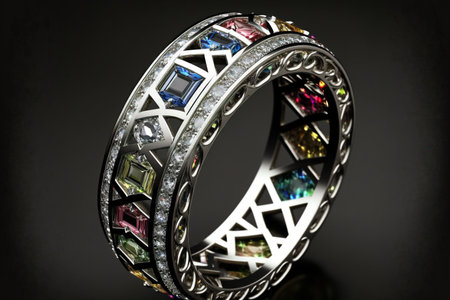 White Gold round cut with multi-colored diamonds full eternity ring on black background created with generative AI technology. High quality illustrationの写真素材
