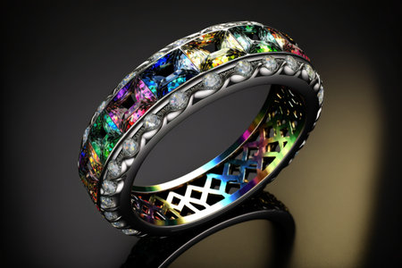 White Gold round cut with multi-colored diamonds full eternity ring on black background created with generative AI technology. High quality illustrationの写真素材