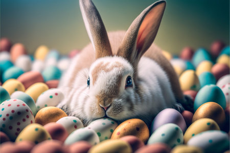 Easter bunny, basket and eggs created with generative AI technology. High quality illustrationの写真素材