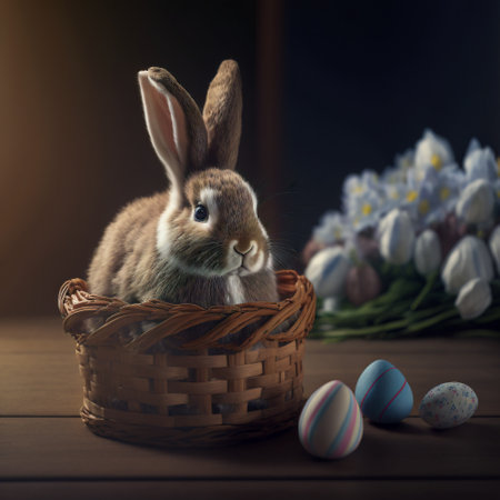 Easter bunny, basket and eggs created with generative AI technology. High quality illustrationの写真素材