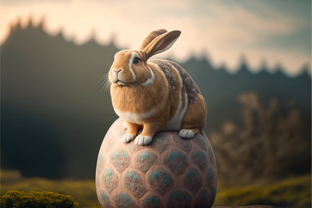 Easter bunny, basket and eggs created with generative AI technology. High quality illustrationの写真素材