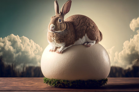 Easter bunny, basket and eggs created with generative AI technology. High quality illustrationの写真素材