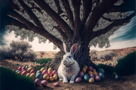 Easter bunny, basket and eggs created with generative AI technology. High quality illustrationの写真素材