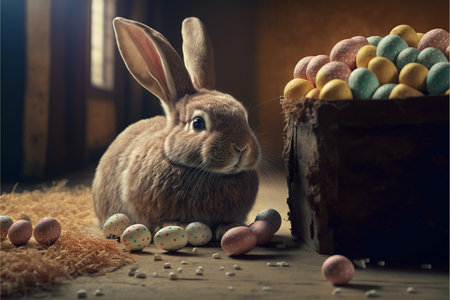 Easter bunny, basket and eggs created with generative AI technology. High quality illustrationの写真素材