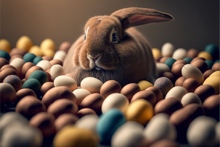 Easter bunny, basket and eggs created with generative AI technology. High quality illustrationの写真素材