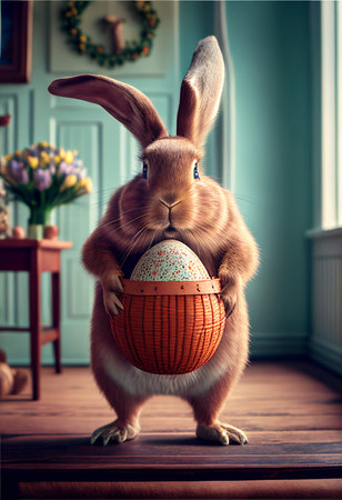 Easter bunny, basket and eggs created with generative AI technology. High quality illustrationの写真素材