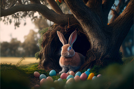 Easter bunny, basket and eggs created with generative AI technology. High quality illustrationの写真素材