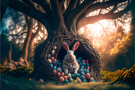 Easter bunny, basket and eggs created with generative AI technology. High quality illustrationの写真素材