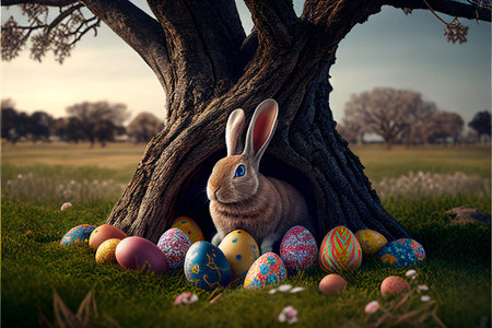 Easter bunny, basket and eggs created with generative AI technology. High quality illustrationの写真素材