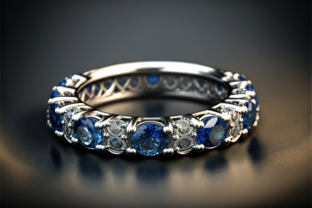 Blue sapphire and diamond half eternity ring created with generative AI technology. High quality illustrationの写真素材