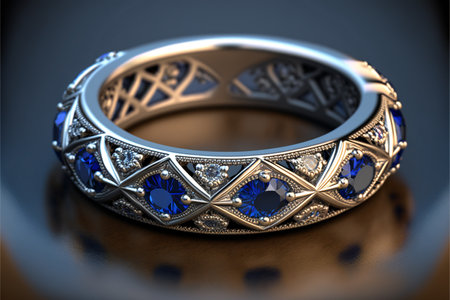 Blue sapphire and diamond half eternity ring created with generative AI technology. High quality illustrationの写真素材