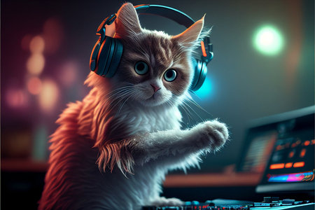 Cat as a DJ created with generative AI technology. High quality illustrationの写真素材