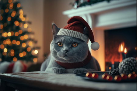 Cat in Christmas hat amid Christmas background created with generative AI technology. High quality illustrationの写真素材