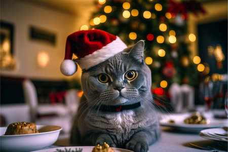 Cat in Christmas hat amid Christmas background created with generative AI technology. High quality illustrationの写真素材