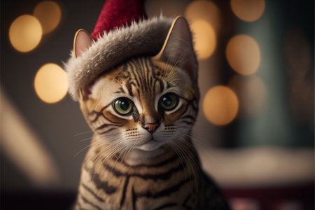 Cat in Christmas hat amid Christmas background created with generative AI technology. High quality illustrationの写真素材