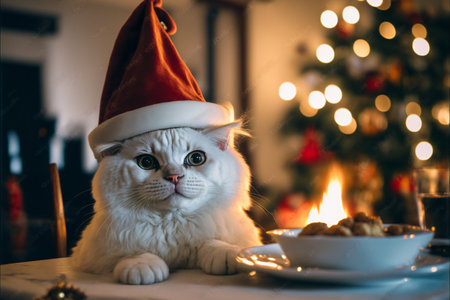Cat in Christmas hat amid Christmas background created with generative AI technology. High quality illustrationの写真素材