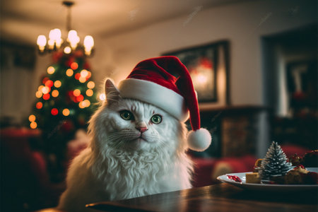 Cat in Christmas hat amid Christmas background created with generative AI technology. High quality illustrationの写真素材