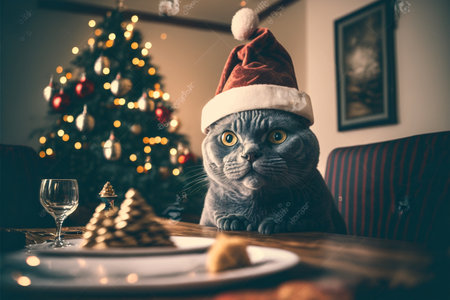Cat in Christmas hat amid Christmas background created with generative AI technology. High quality illustrationの写真素材