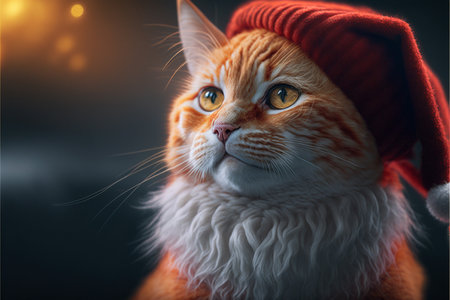 Cat in Christmas hat amid Christmas background created with generative AI technology. High quality illustrationの写真素材
