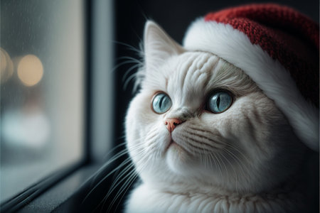 Cat in Christmas hat amid Christmas background created with generative AI technology. High quality illustrationの写真素材
