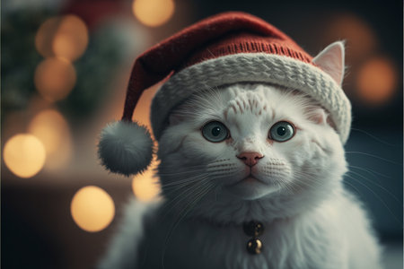 Cat in Christmas hat amid Christmas background created with generative AI technology. High quality illustrationの写真素材