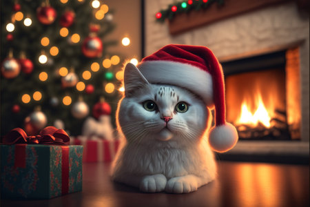 Cat in Christmas hat amid Christmas background created with generative AI technology. High quality illustrationの写真素材