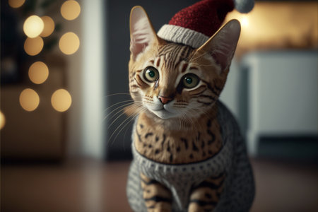 Cat in Christmas hat amid Christmas background created with generative AI technology. High quality illustrationの写真素材