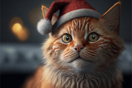 Cat in Christmas hat amid Christmas background created with generative AI technology. High quality illustrationの写真素材