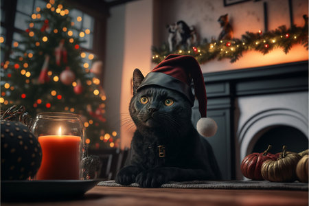 Cat in Christmas hat amid Christmas background created with generative AI technology. High quality illustrationの写真素材