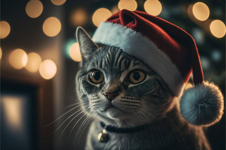 Cat in Christmas hat amid Christmas background created with generative AI technology. High quality illustrationの写真素材