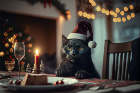 Cat in Christmas hat amid Christmas background created with generative AI technology. High quality illustrationの写真素材