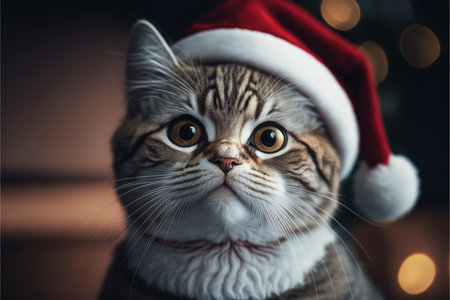Cat in Christmas hat amid Christmas background created with generative AI technology. High quality illustrationの写真素材