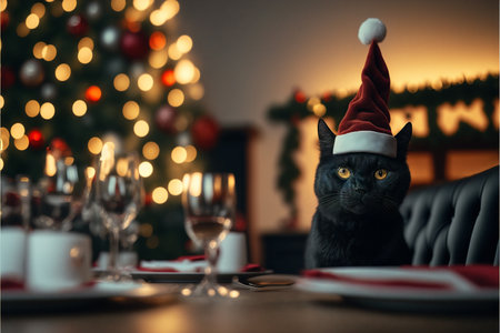 Cat in Christmas hat amid Christmas background created with generative AI technology. High quality illustrationの写真素材