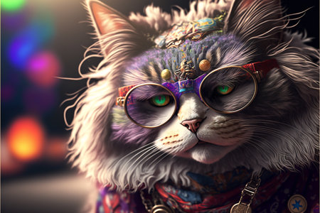 Hippie Cat created with generative AI technology. High quality illustrationの写真素材