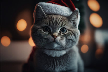 Cat in Christmas hat amid Christmas background created with generative AI technology. High quality illustrationの写真素材